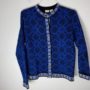 Vintage LL Bean Blue Nordic Fair Isle Cardigan Sweater Small